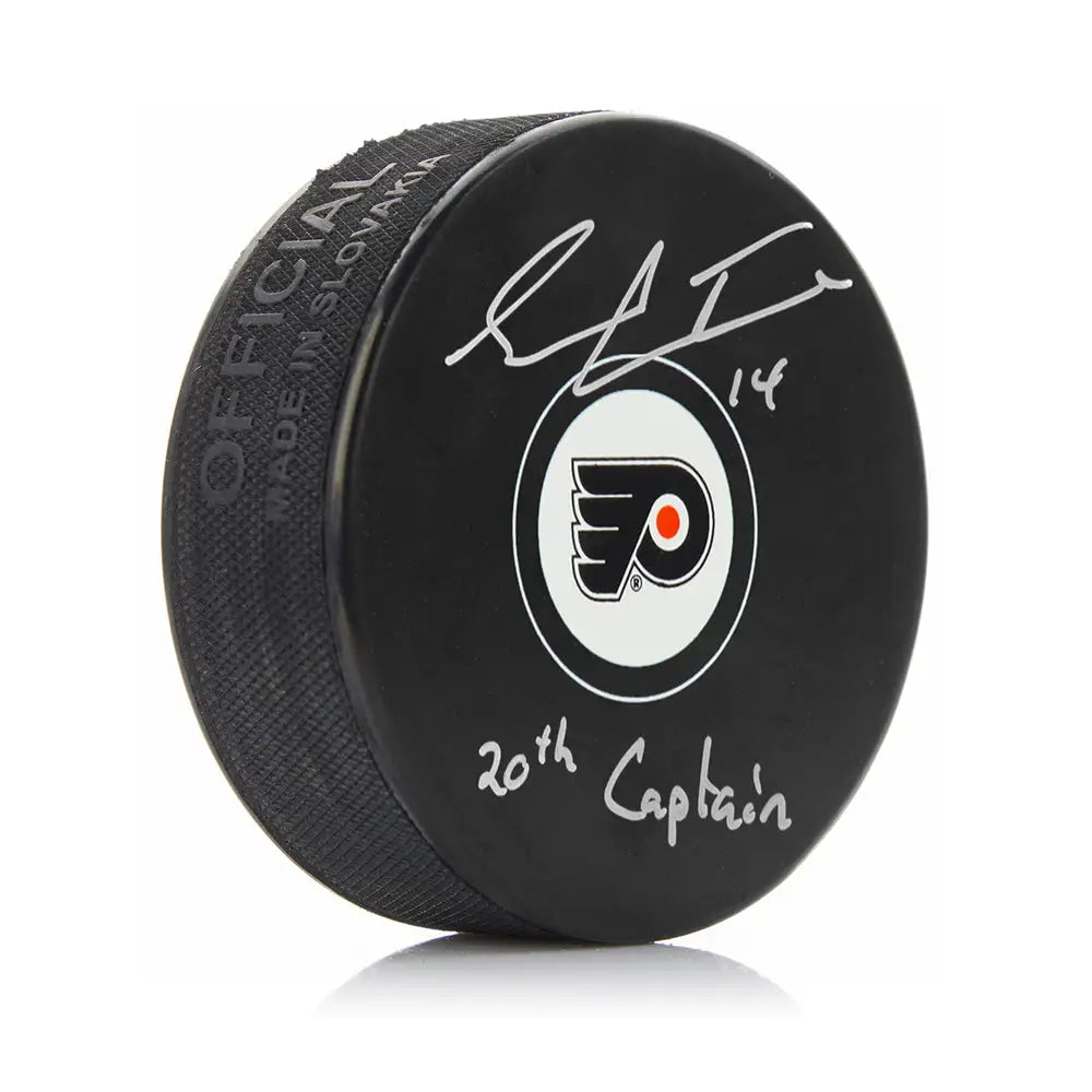 Sean Couturier Philadelphia Flyers Autographed Hockey Logo Puck Inscribed 20th Captain - Hockey Memorabilia
