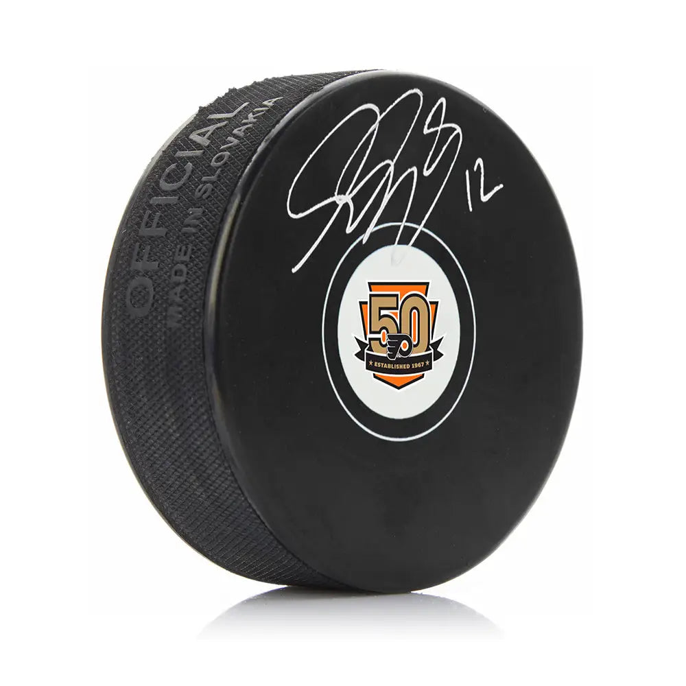 Simon Gagne Autographed Philadelphia Flyers 50th Anniversary Hockey Puck - Hockey Memorabilia