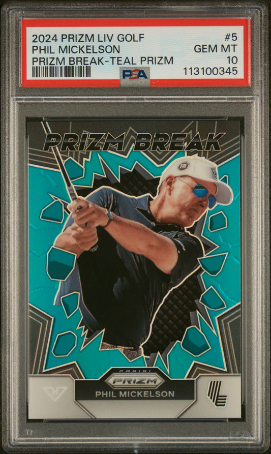 Graded 2024 Panini Prizm LIV Golf Phil Mickelson #5 Prizm Break Teal Prizm /199 Rookie RC Card PSA 10 Gem Mint