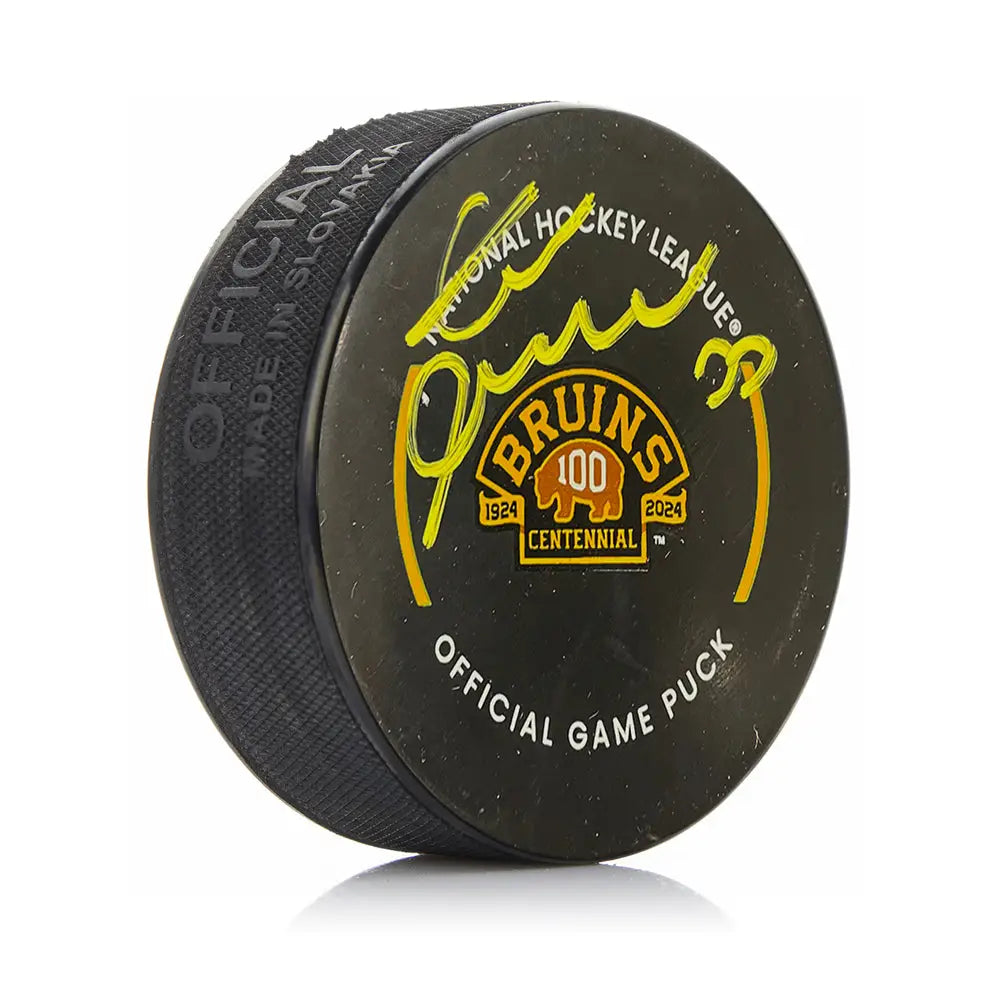 Zdeno Chara Boston Bruins Autographed 100th Anniversary Hockey Game Model Puck - Hockey Memorabilia